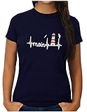 OM3® Küsten Herzschlag Moin mit Leuchtturm T-Shirt | Damen | Slogan Lighthouse Meer Statement | L,...